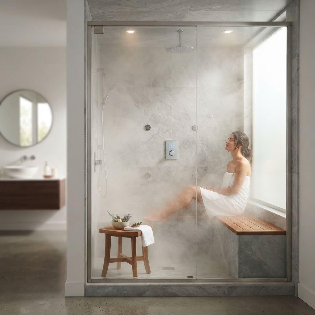 Woman reclining in a steam room
