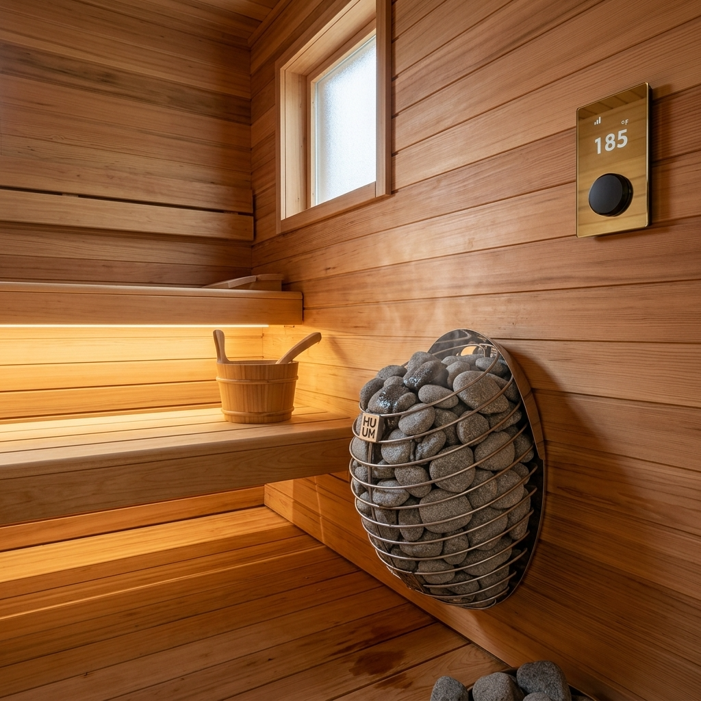 HUUM DROP Sauna Heater with Wifi Controls in a traditional sauna