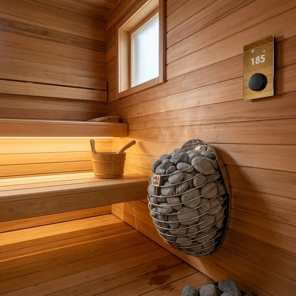 HUUM DROP Sauna Heater with Wifi Controls in a traditional sauna