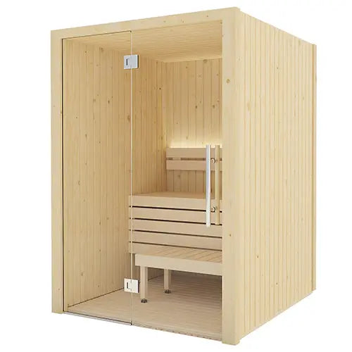 Wooden sauna with glass door on a white background