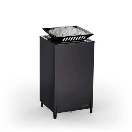 Black electric sauna heater with a metal basket of white stones on a white background
