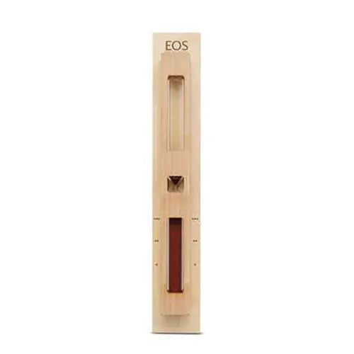 A vertical EOS sauna sand timer with a light natural wood body, featuring a dark red translucent hourglass with red sand and the EOS brand name printed at the top, shown on a plain white background.