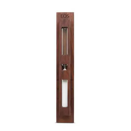 A vertical wooden EOS sauna sand timer with a dark brown wood finish, featuring glass water reservoirs and a metal diffuser, shown on a plain white background.