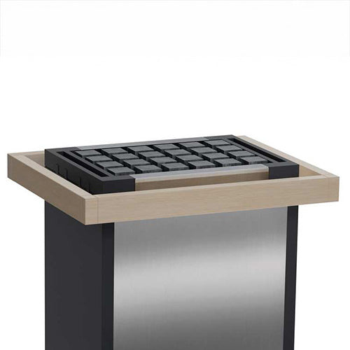 A designer electric sauna heater with wooden safety rail, and a brushed stainless steel front panel, shown on a white background.