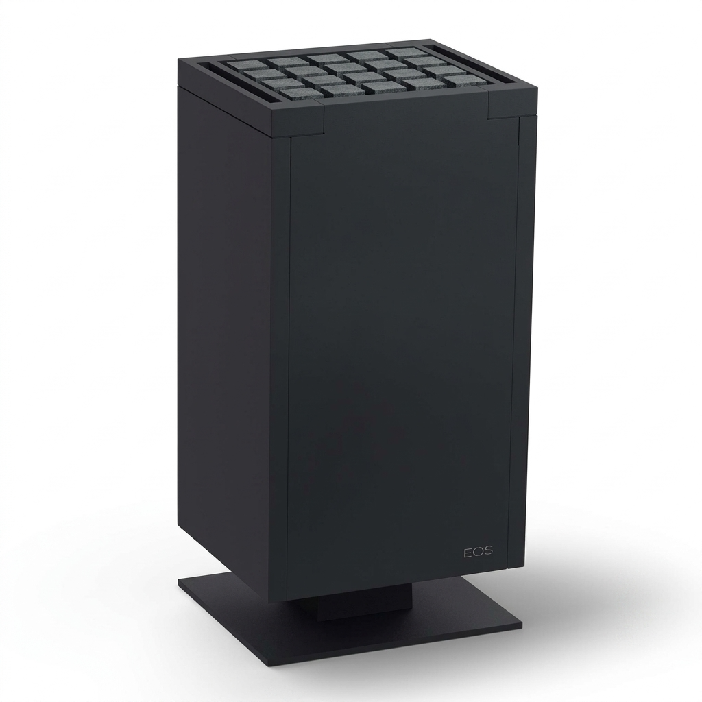 A matte black cubistic electric sauna heater with a grid-patterned top panel of cubic sauna stones and a flat base, featuring a small white EOS logo on the lower right front, shown on a white background.