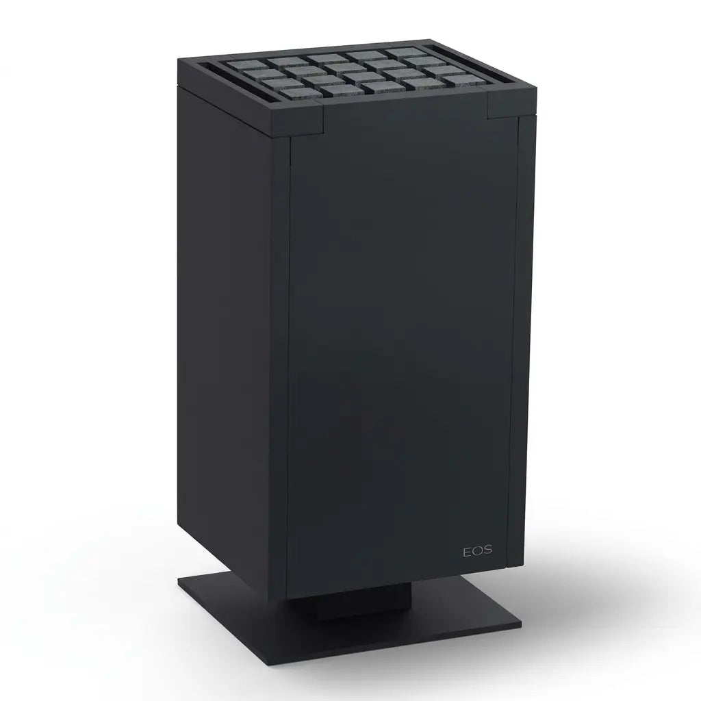 A matte black cubistic electric sauna heater with a grid-patterned top panel of cubic sauna stones and a flat base, featuring a small white EOS logo on the lower right front, shown on a white background.