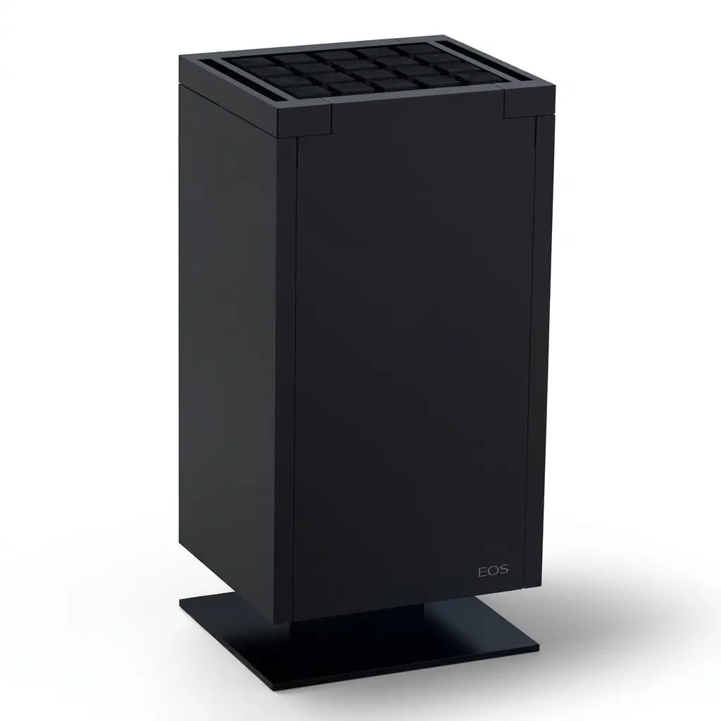 A black rectangular electronic device with a grid-patterned top and a small 'EOS' logo near the bottom right, standing on a matching black base against a white background.