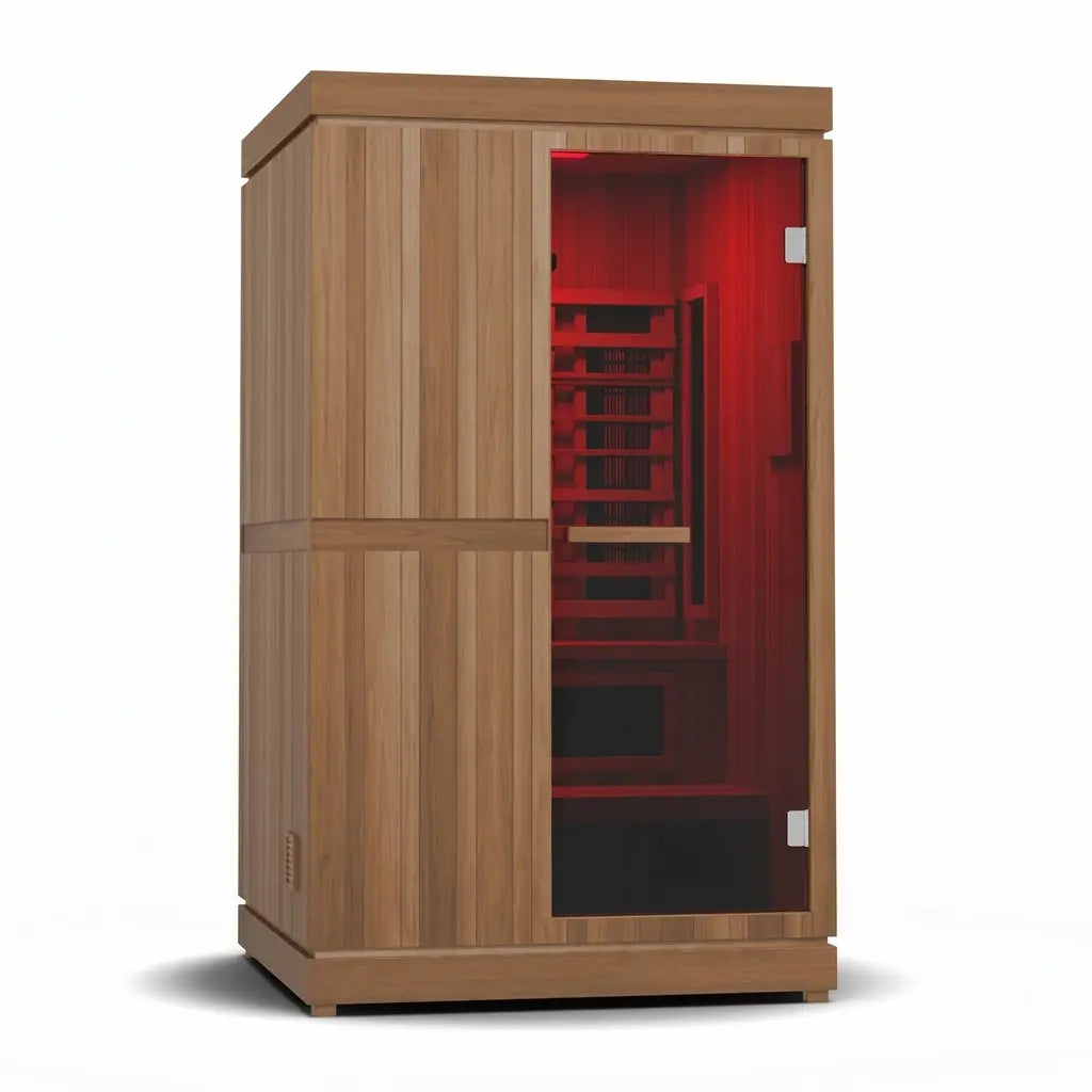 Wooden infrared sauna with red interior light on a white background