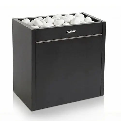 Black rectangular Harvia electric sauna heater Virta Pro with white stones on a white background