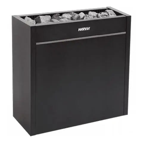 Black rectangular electric sauna heater with stones and Harvia branding on a white background