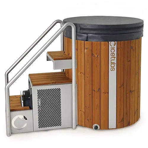 Wooden cold/hot tub with metal steps and staircase on a white background