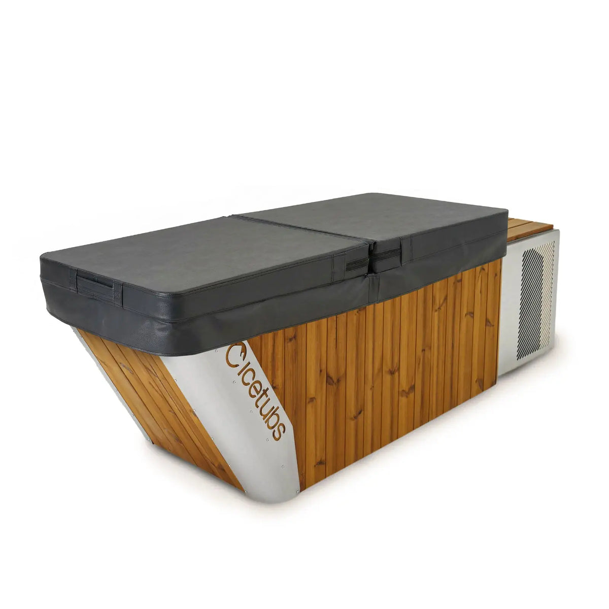 Wooden cold plunge / hot tub with a gray cover on a white background