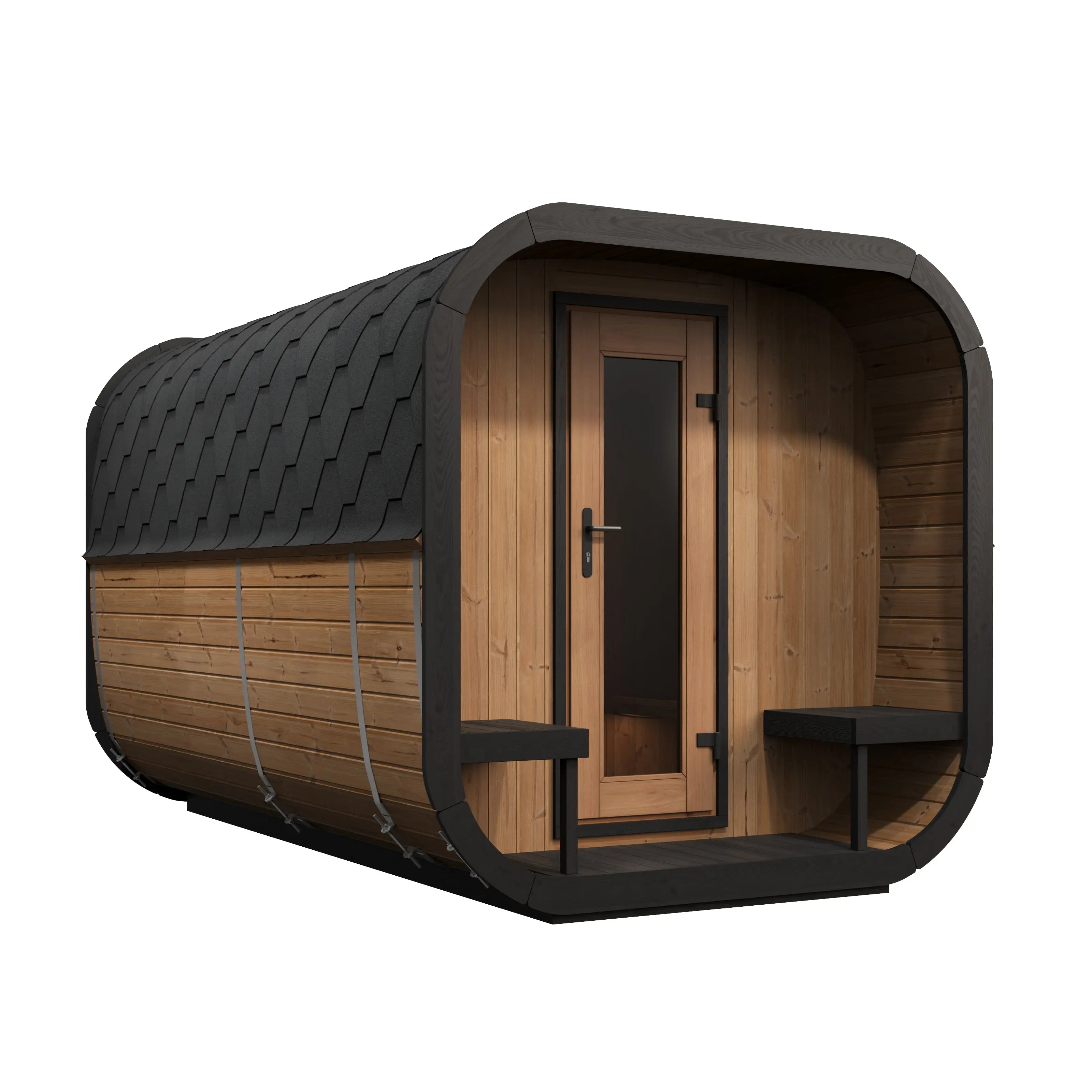 Wooden sauna with black exterior on a white background
