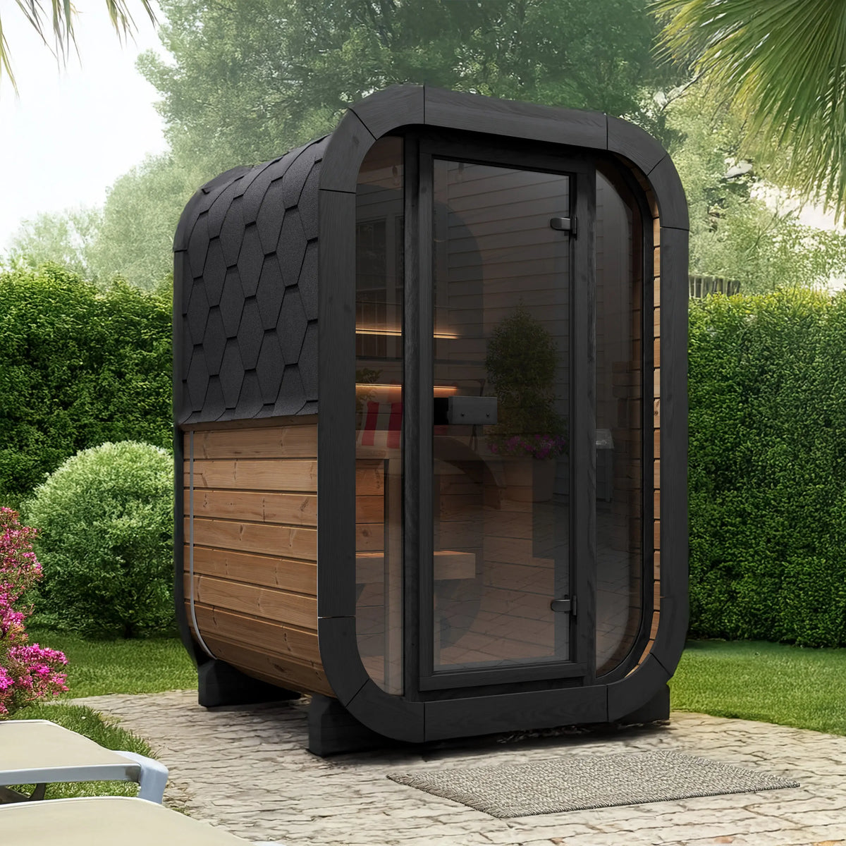 SaunaLife CL3G Outdoor Cube Sauna in a contemporary green backyard setting