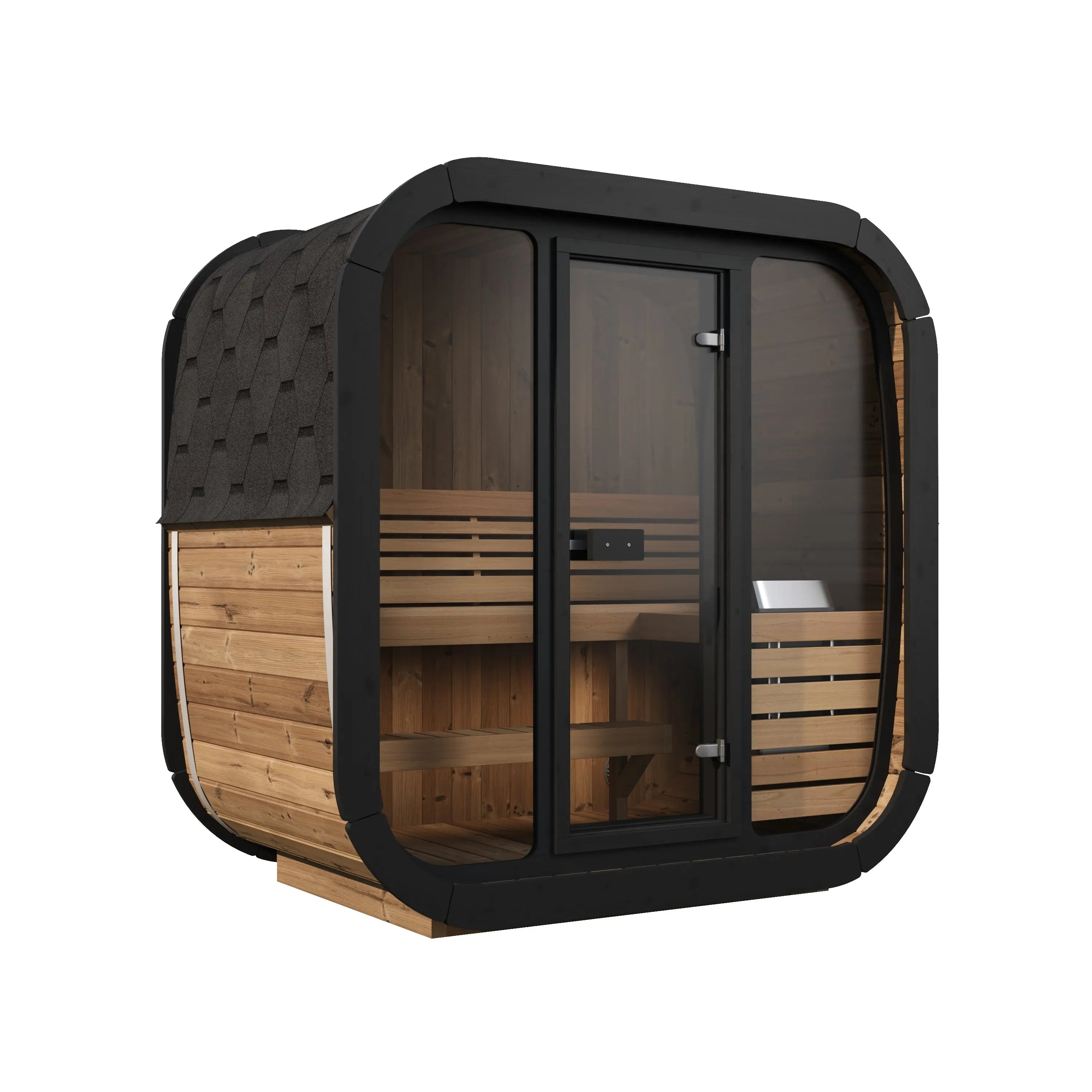 Wooden sauna cabin with black exterior on a white background