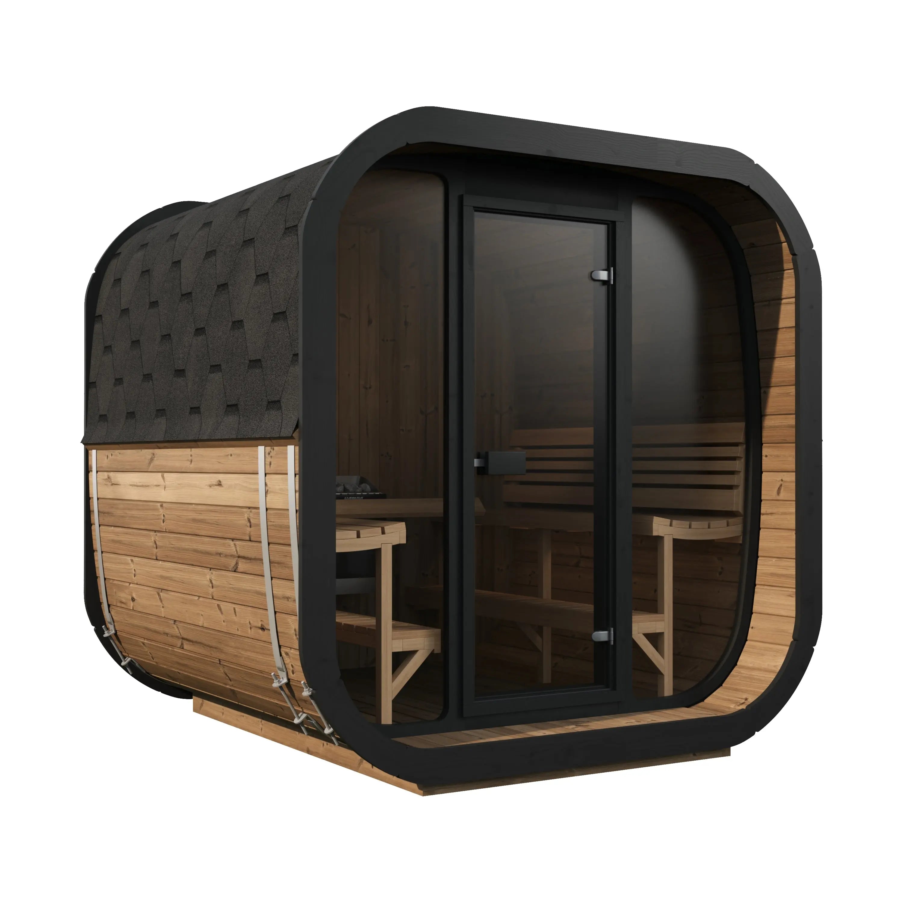 Wooden cube sauna with black exterior on a white background