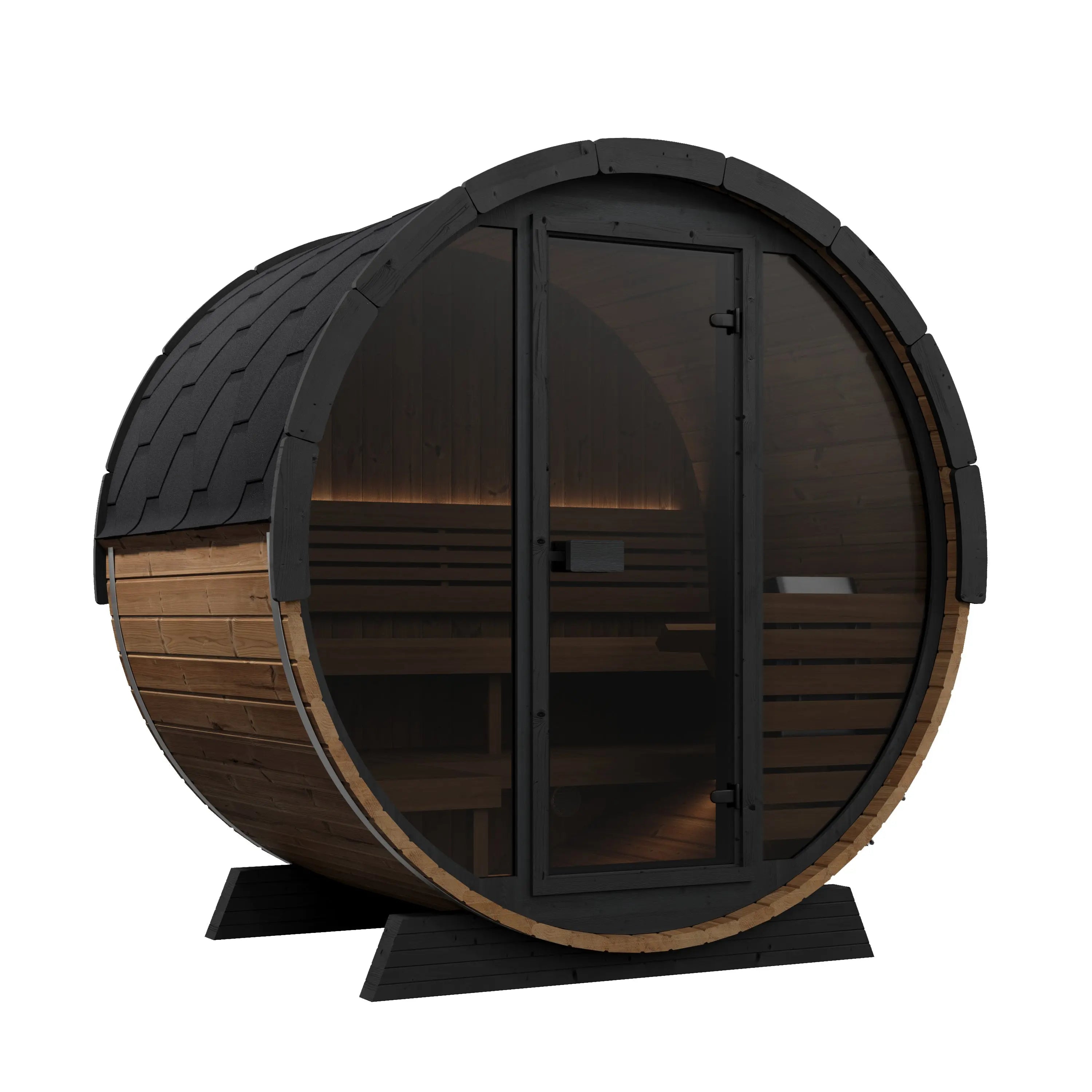 Wooden barrel-shaped sauna with black roof and door on a white background