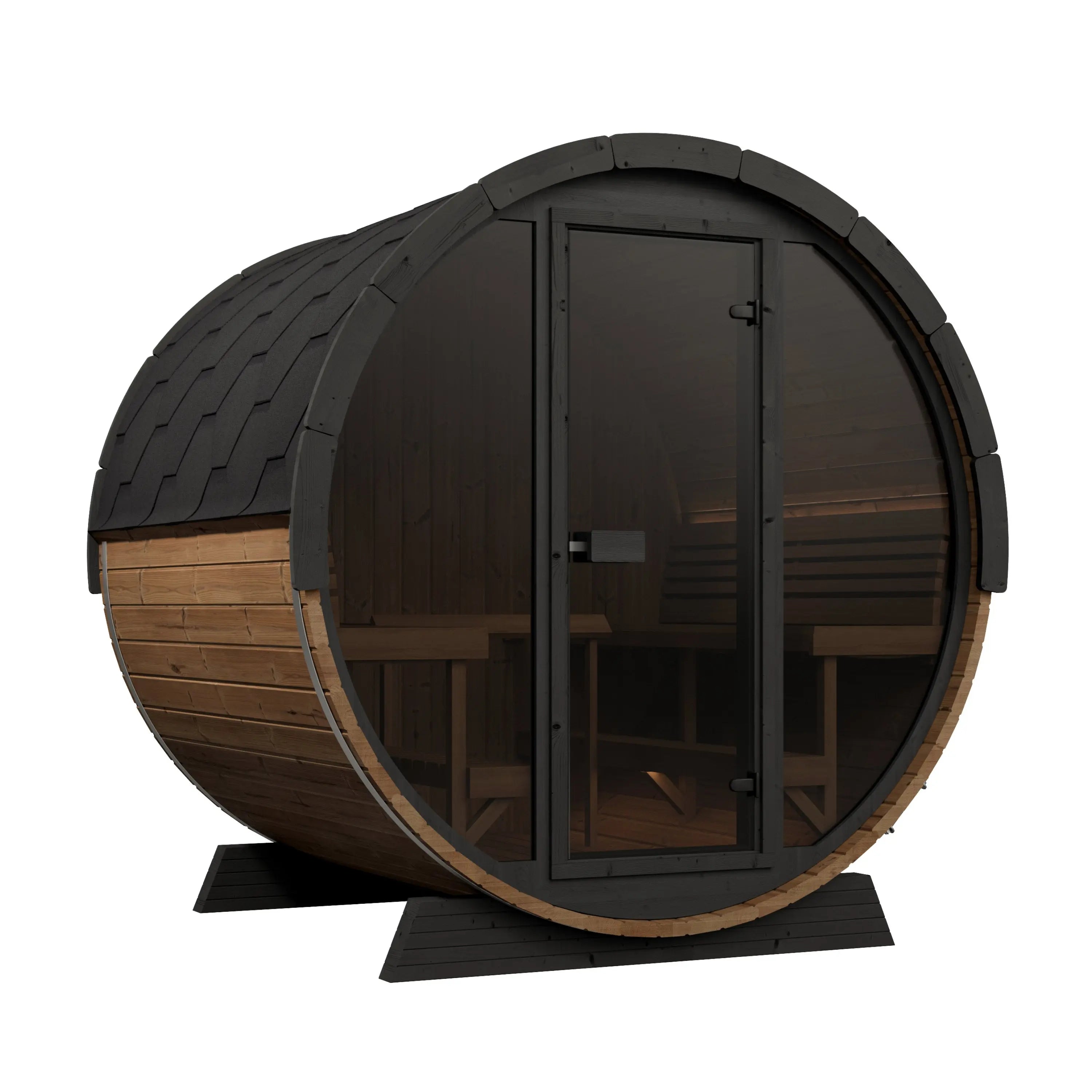 Wooden barrel-shaped sauna with a black roof on a white background