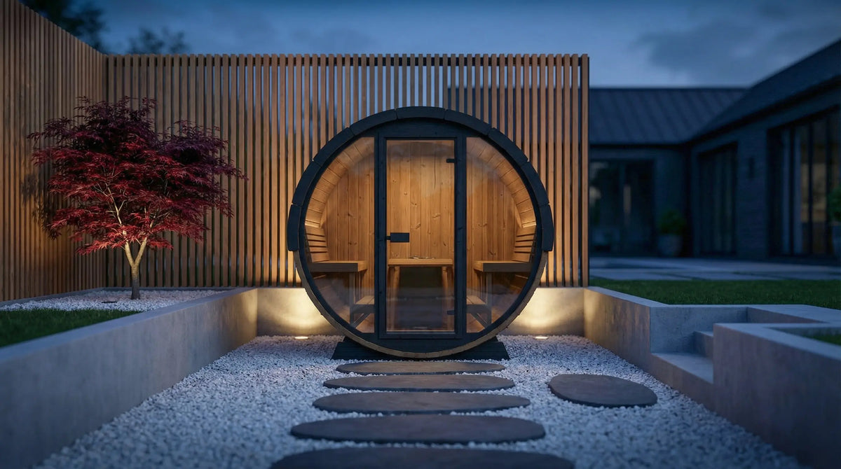 SaunaLife Barrel Sauna in a contemporary luxury back yard setting