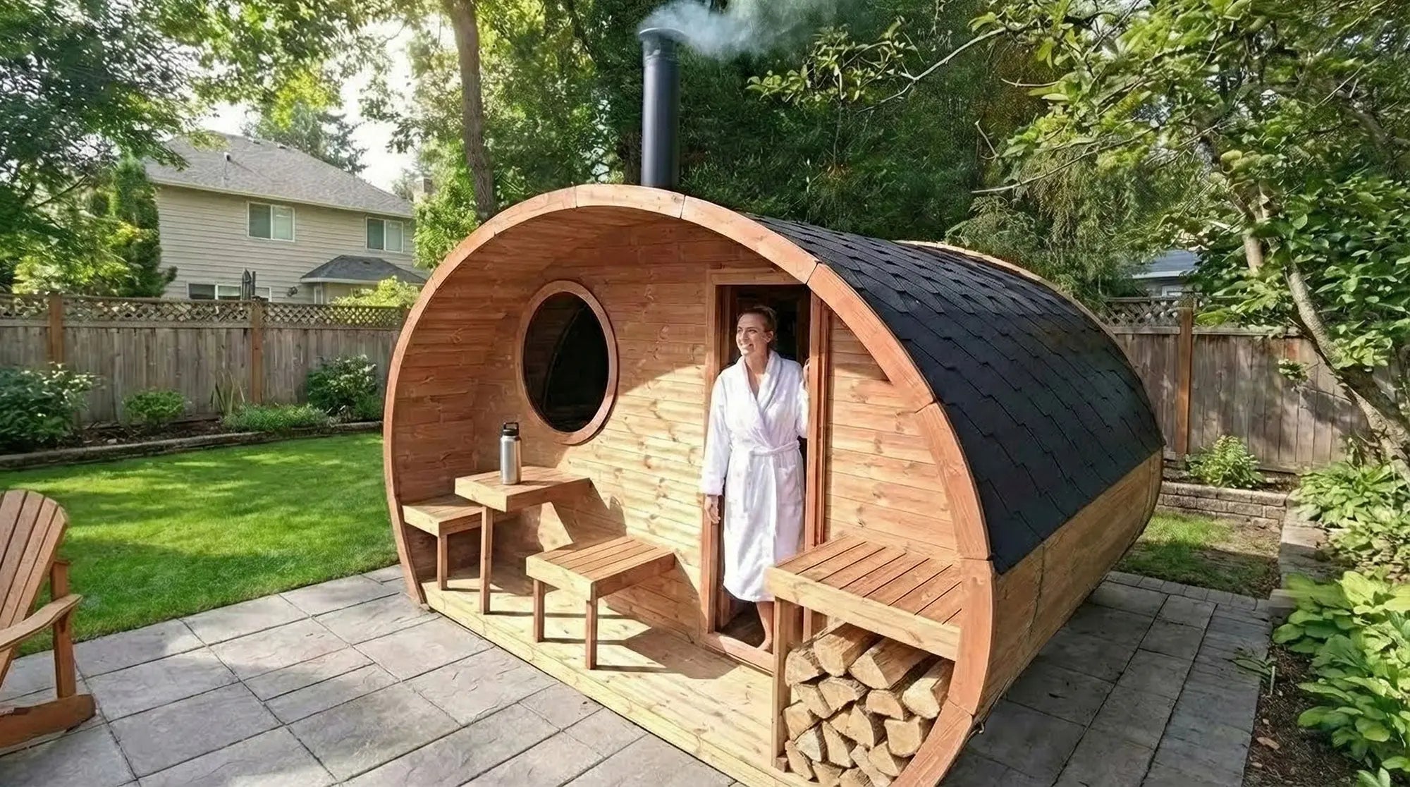 Person standing in a wooden outdoor sauna with a garden and house in the background