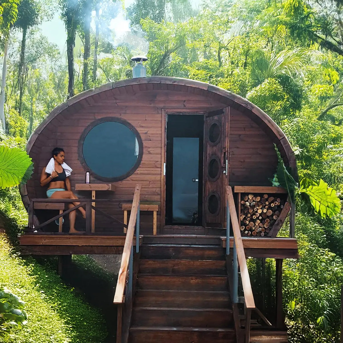 Wooden barrel-shaped cabin in a forest with a person sitting on a bench.