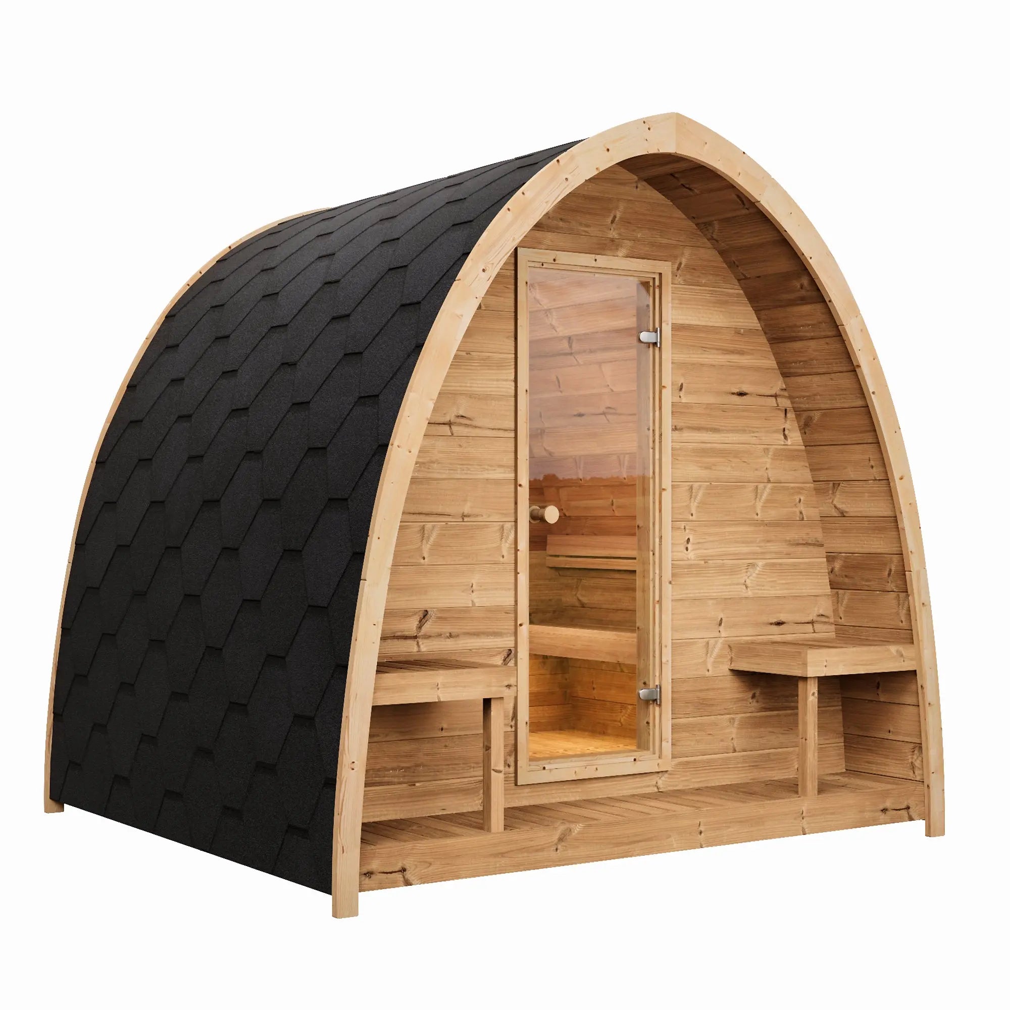 Wooden sauna with black roof on a white background