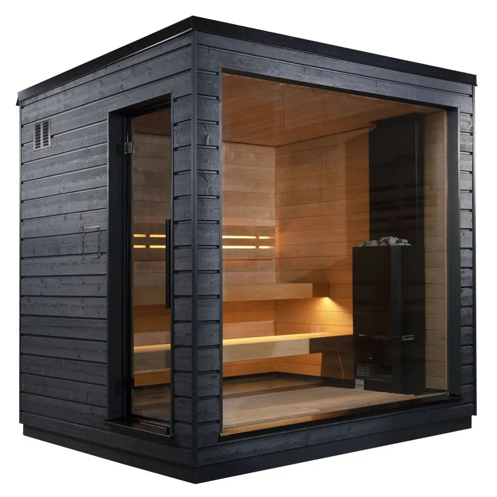 Wooden luxury sauna with black exterior on a white background