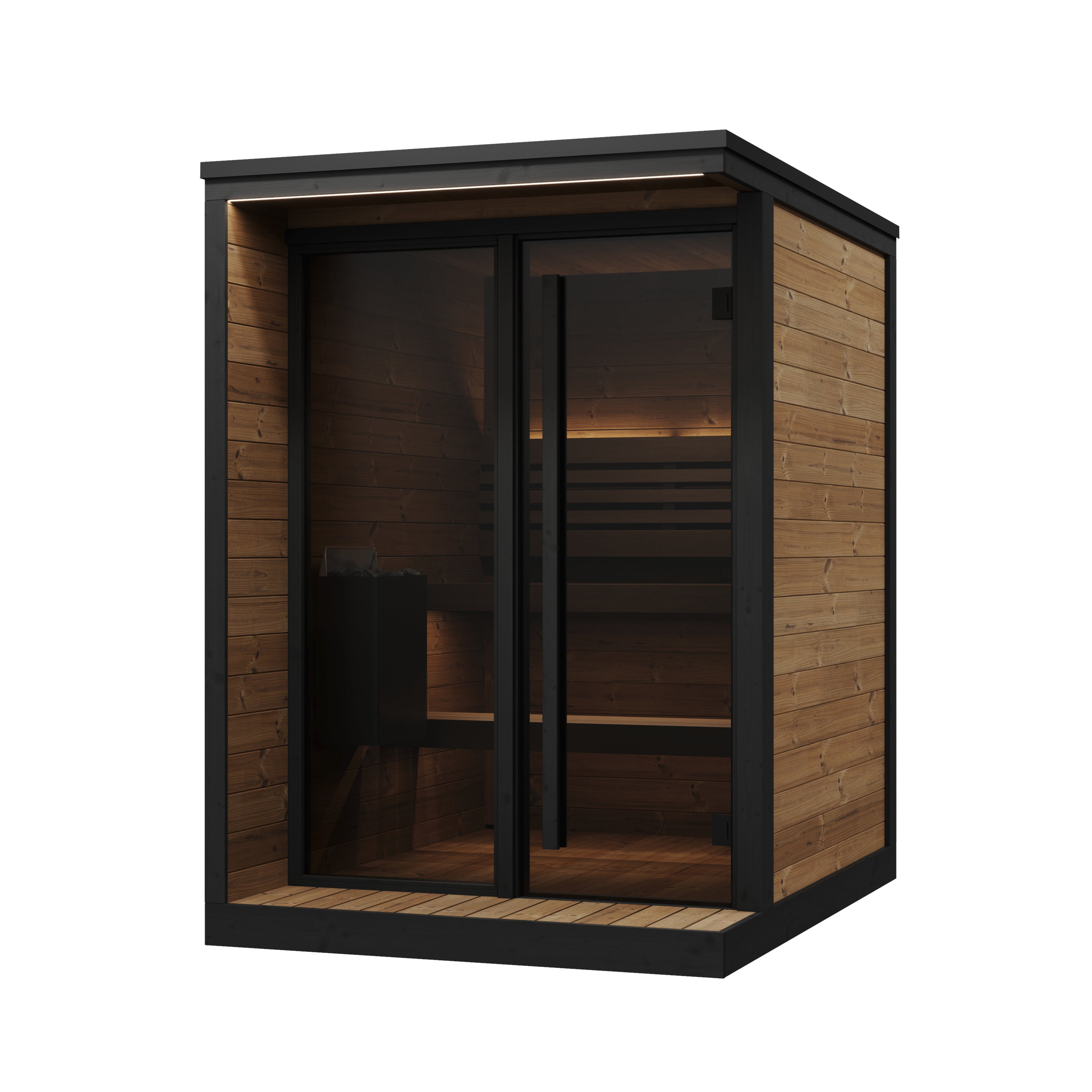 Wooden sauna with black trim on a white background