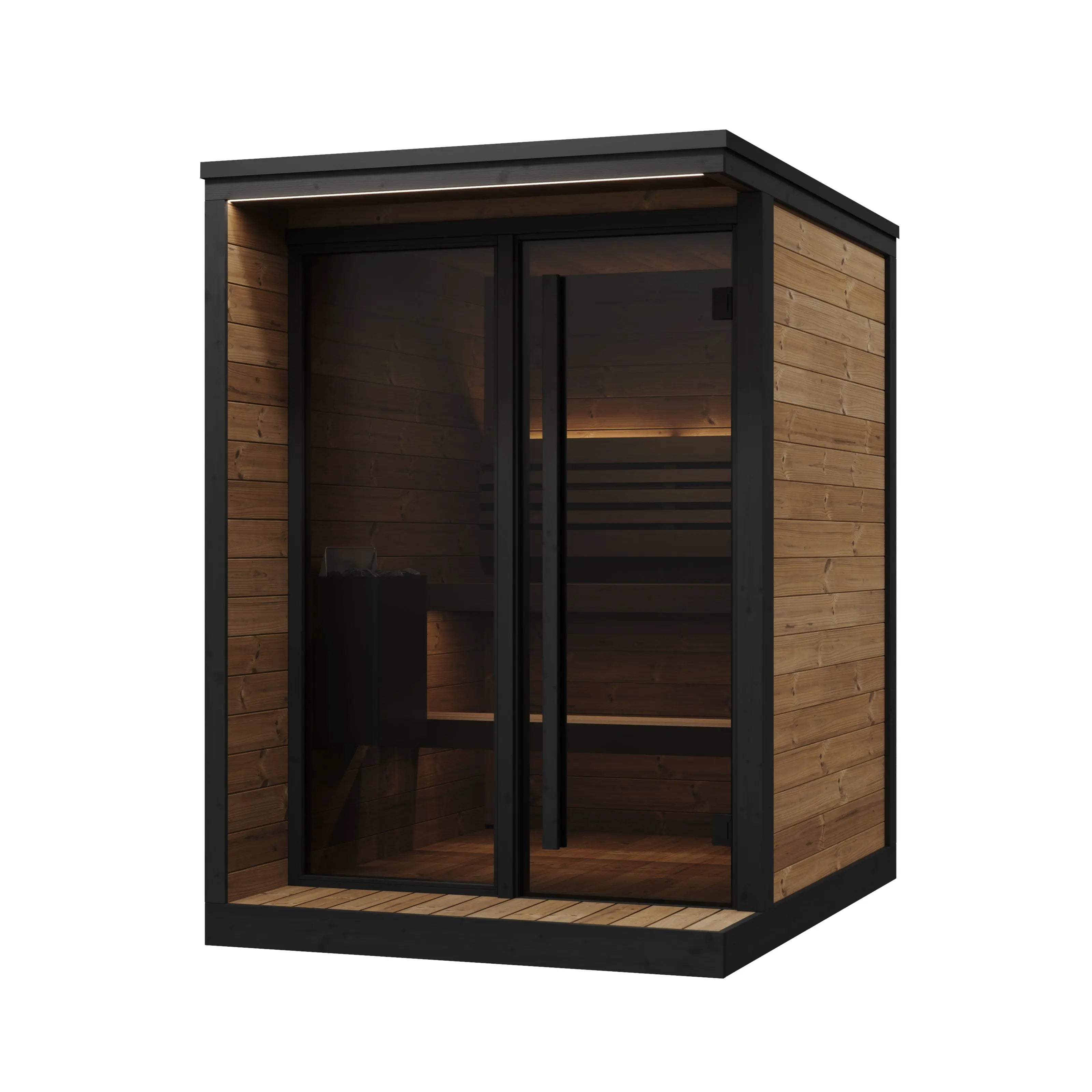 Wooden sauna with black trim on a white background