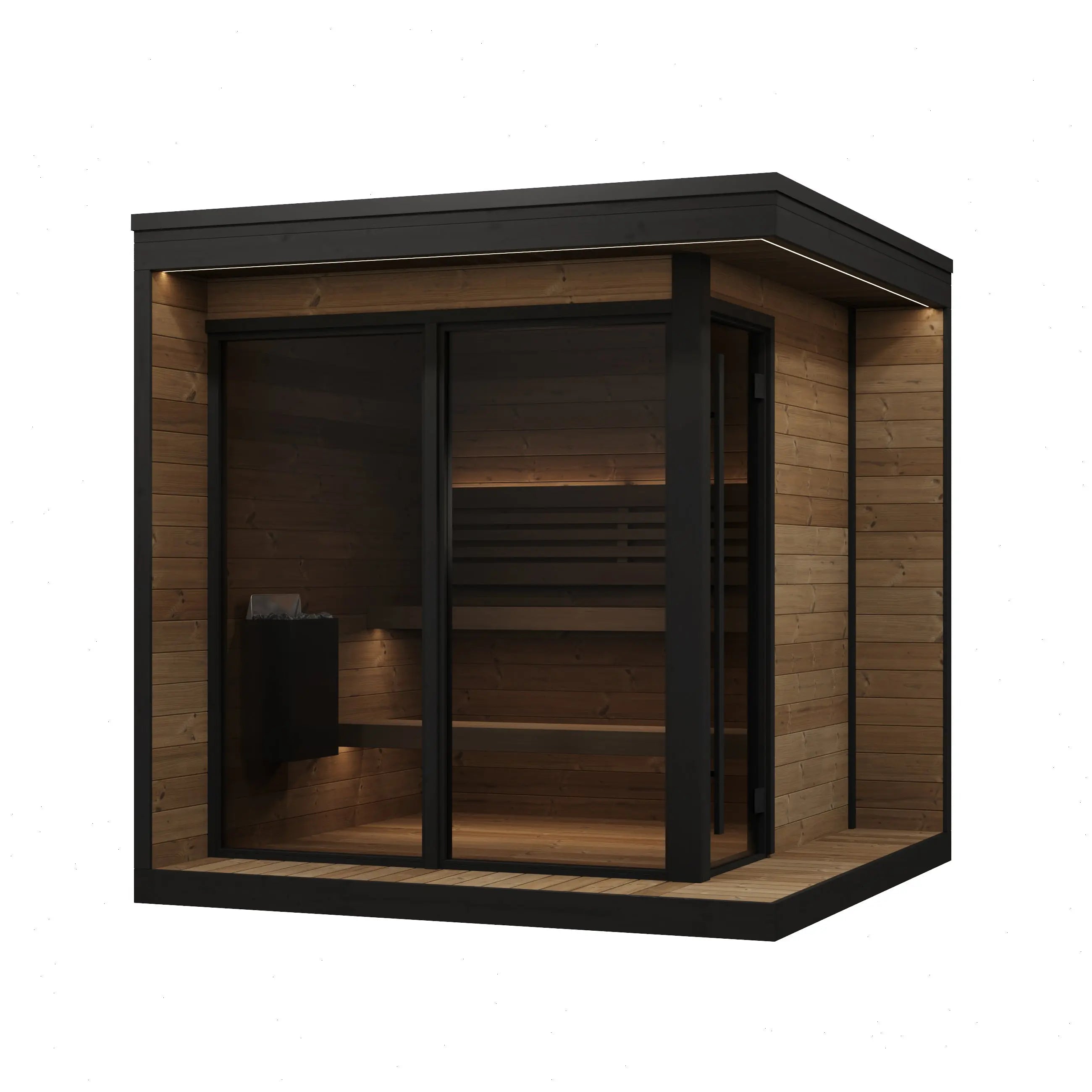 Wooden sauna with black frame on a white background