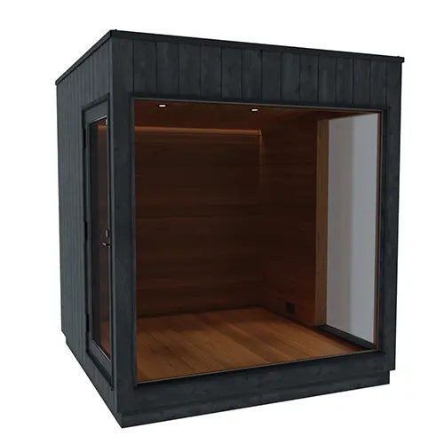Black-framed glass Thermasol Nordic Misty Modular medium sauna with wooden interior on a white background