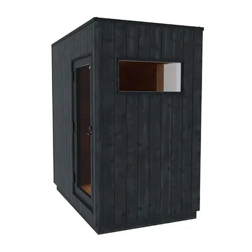Black wooden Nordic Misty sauna with changing room on a white background
