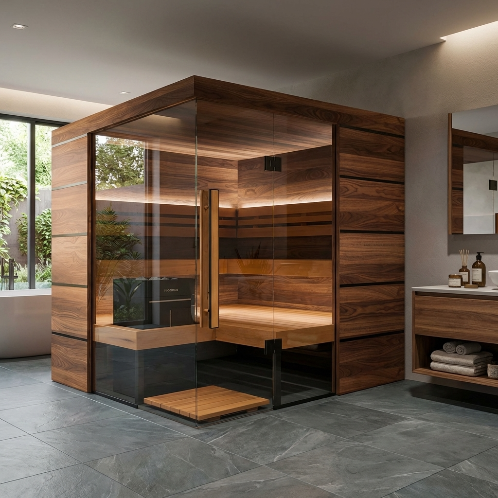 Wooden sauna with glass door in a modern bathroom setting