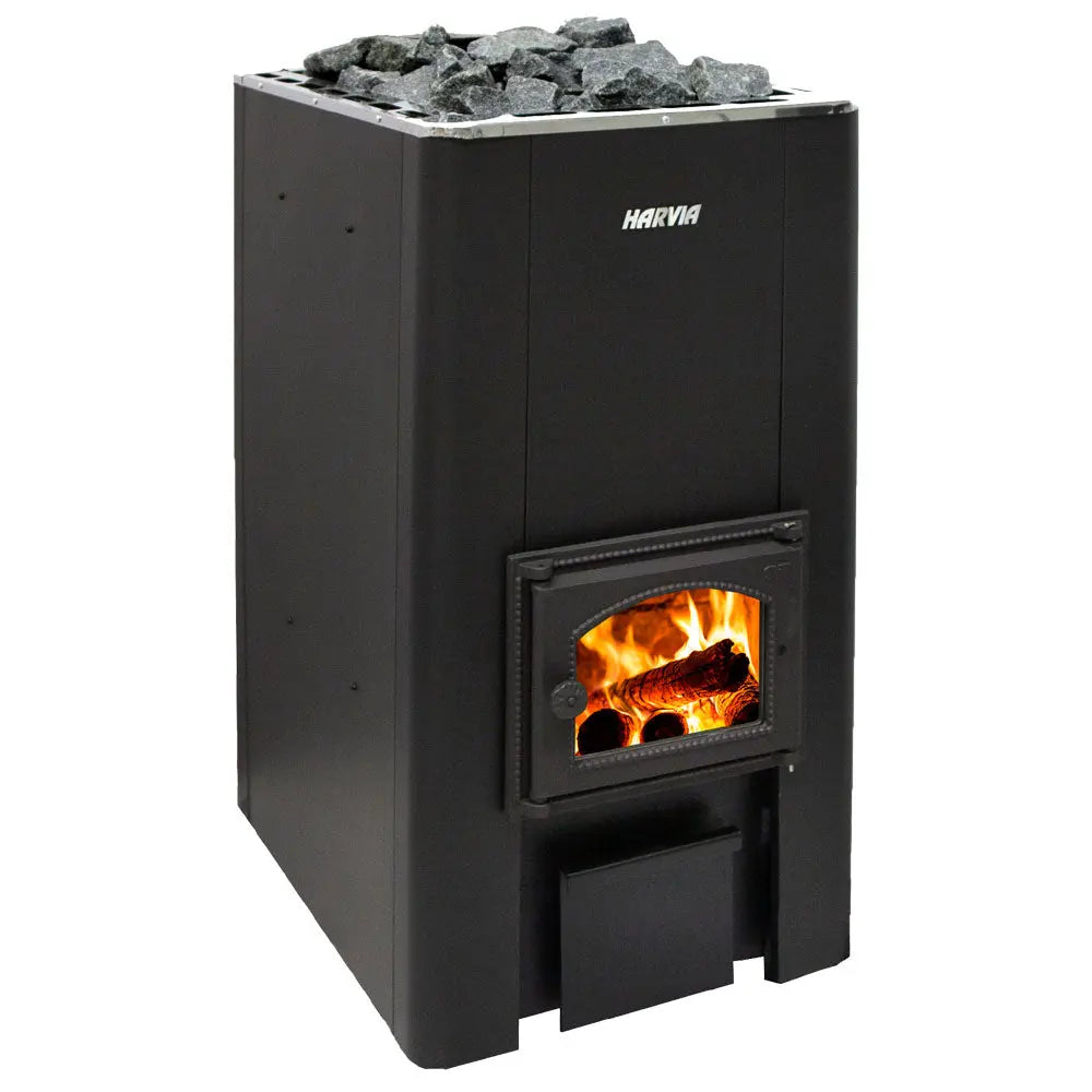 Black Harvia stove with visible flames and rocks on a white background