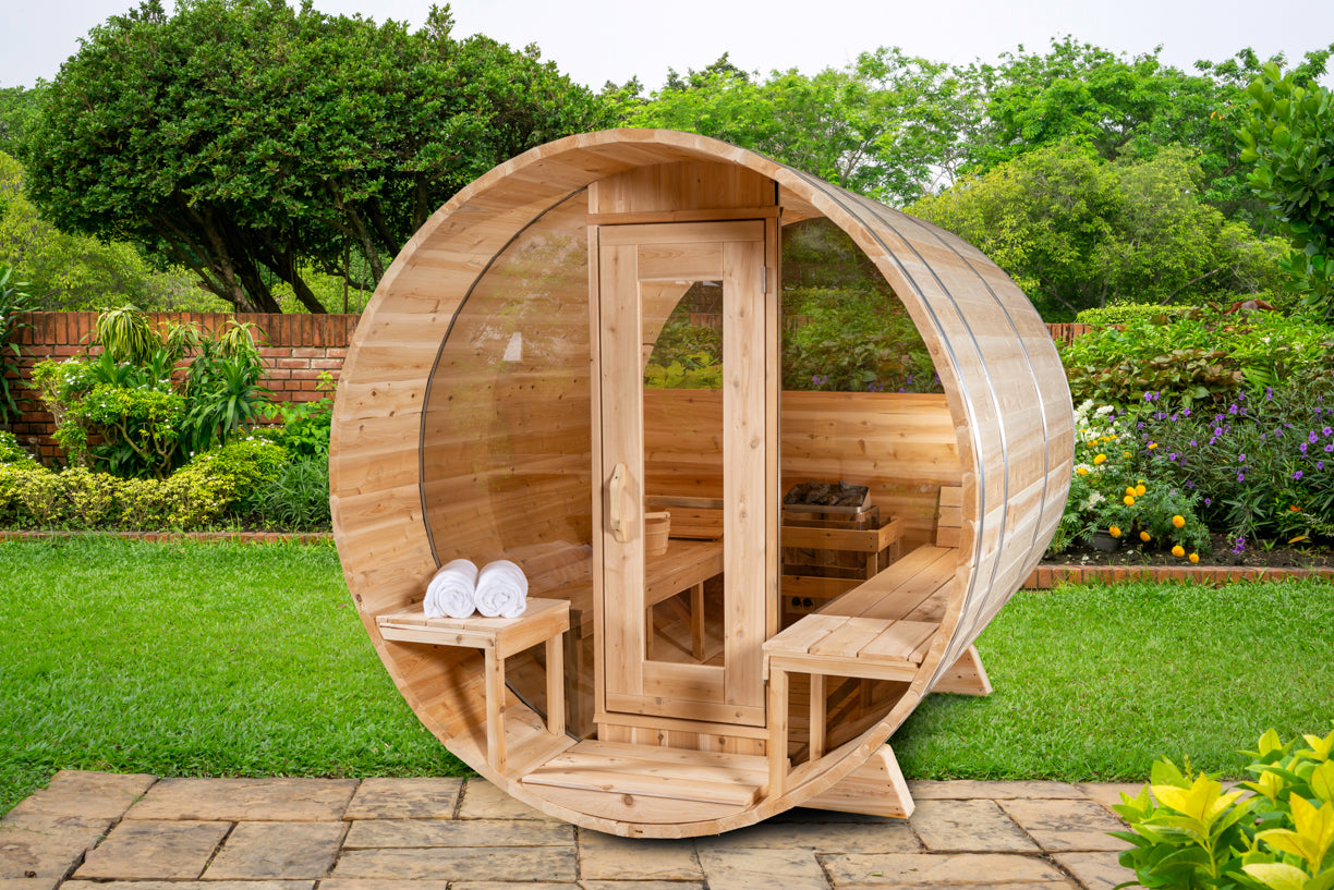Sauna de barril Serenity con ventanas de media luna