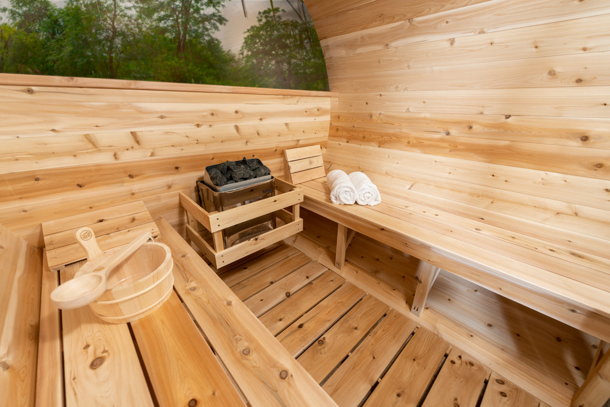 Sauna de barril Serenity con ventanas de media luna
