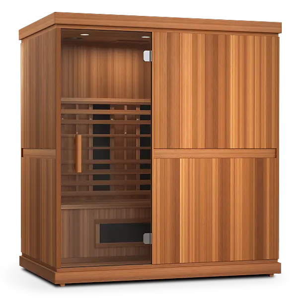 Wooden sauna cabinet with glass door on a white background