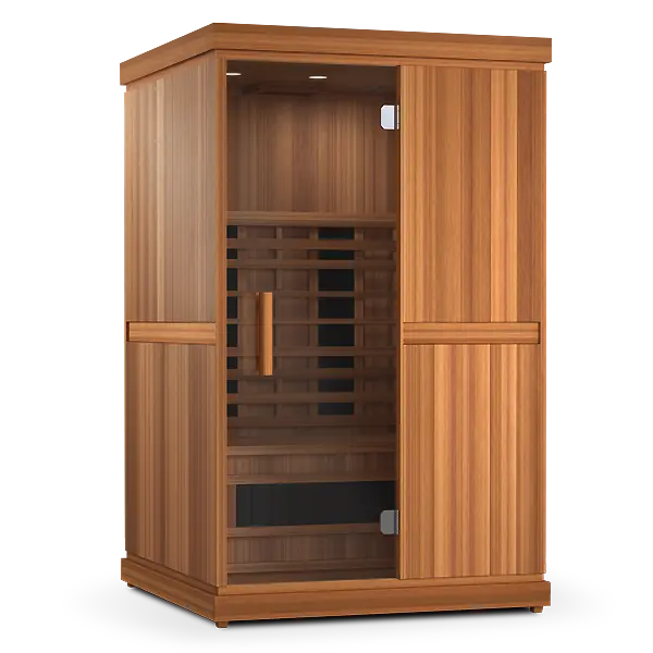 Wooden sauna with glass door on a white background