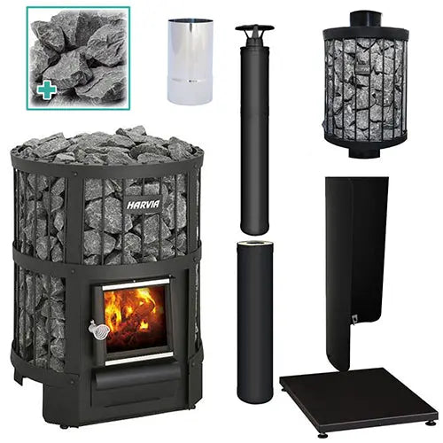 Harvia stove with accessories including a stand, pump, and decorative stones on a white background.