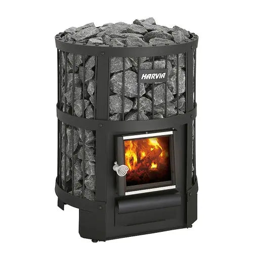 Wood-burning stove with visible fire and Harvia branding on a white background