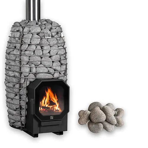 HUUM HIVE FLOW wood-burning sauna stove with stone exterior and fire burning inside, accompanied by additional stones on a white background.