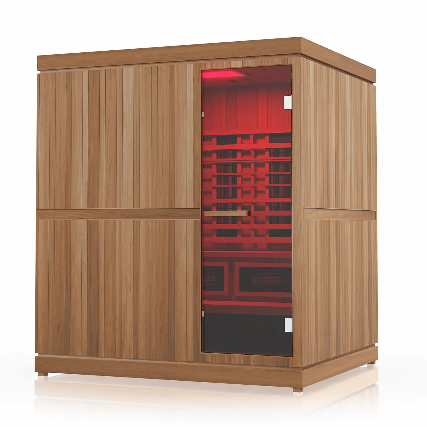 Wooden red-light combination sauna with a glass door on a white background