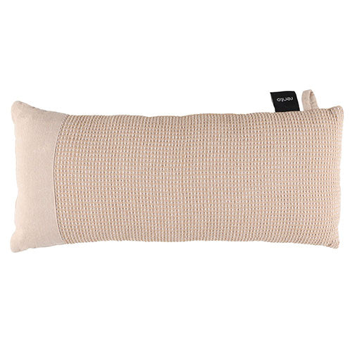 Beige woven pillow with a brand tag on a white background