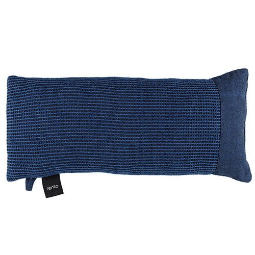 Blue textured pillow with a brand tag on a white background