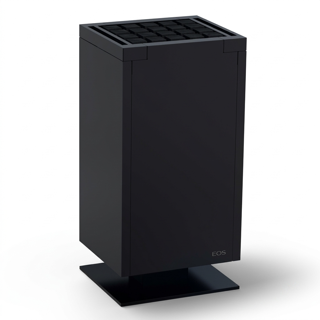 A black rectangular electronic device with a grid-patterned top and a small 'EOS' logo near the bottom right, standing on a matching black base against a white background.