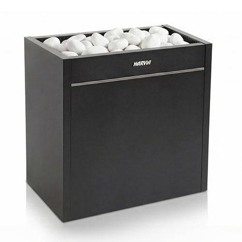 Black rectangular Harvia electric sauna heater Virta Pro with white stones on a white background