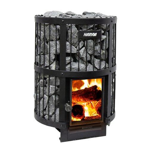 Wood-burning stove with visible fire and Harvia branding on a white background