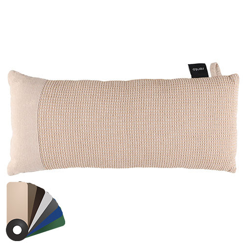 A rectangular lumbar pillow with a textured beige center and solid cream side panels, featuring a small black brand tag. A color swatch fan is shown in the bottom-left corner on a white background.