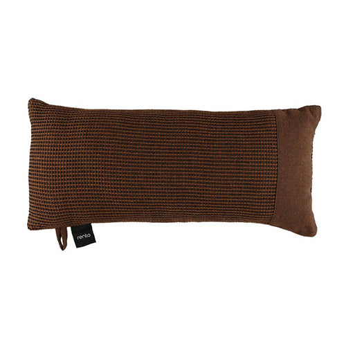Brown textured pillow with a brand tag on a white background