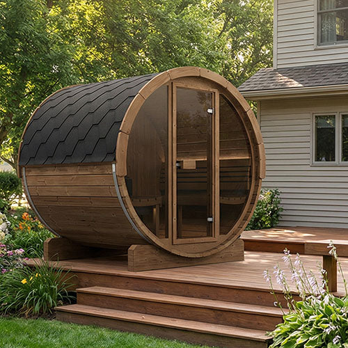 SaunaLife Model E7G Ergo Series Outdoor Sauna Barrel Kit, Glass Front, 4-Person